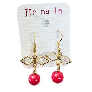 Bow Earrings 1.5in Pink Pearl Drop Gold Rhinestone Dangle Jin Na La